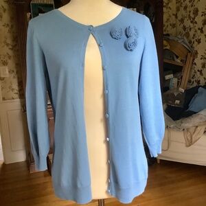 Talbots Blue Flower Appliqué Cardigan 3/4 Sleeve Size S